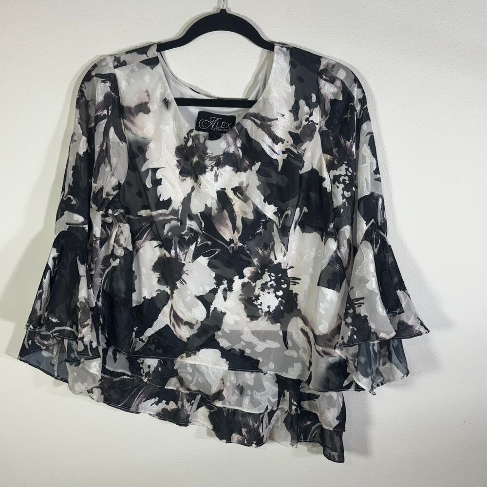 Alex Evenings Womens XL Black White Floral Ruffle Bell Sleeve Blouse Dressy